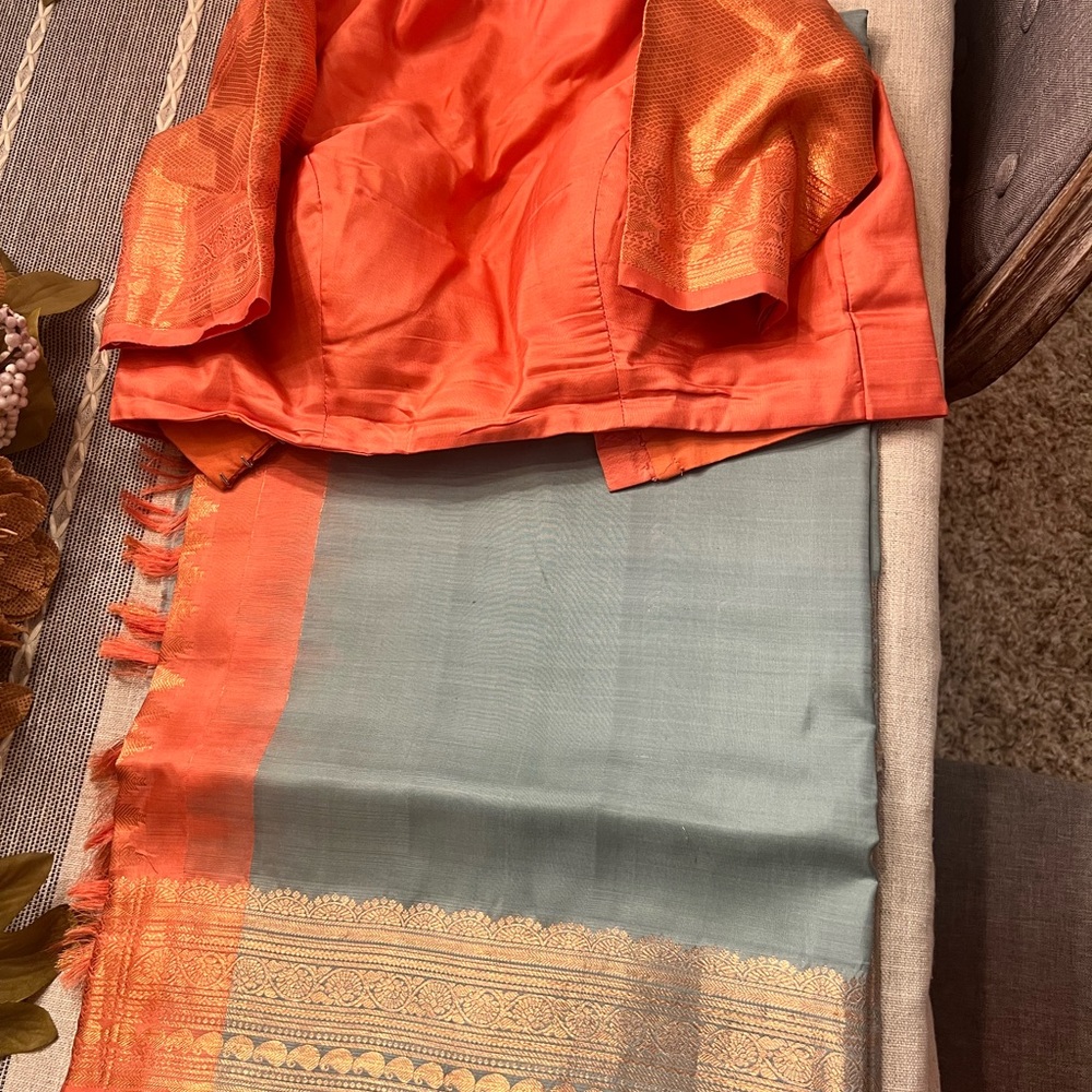 Elegant Orange and grayish blue original silk Saree with readymade blouse